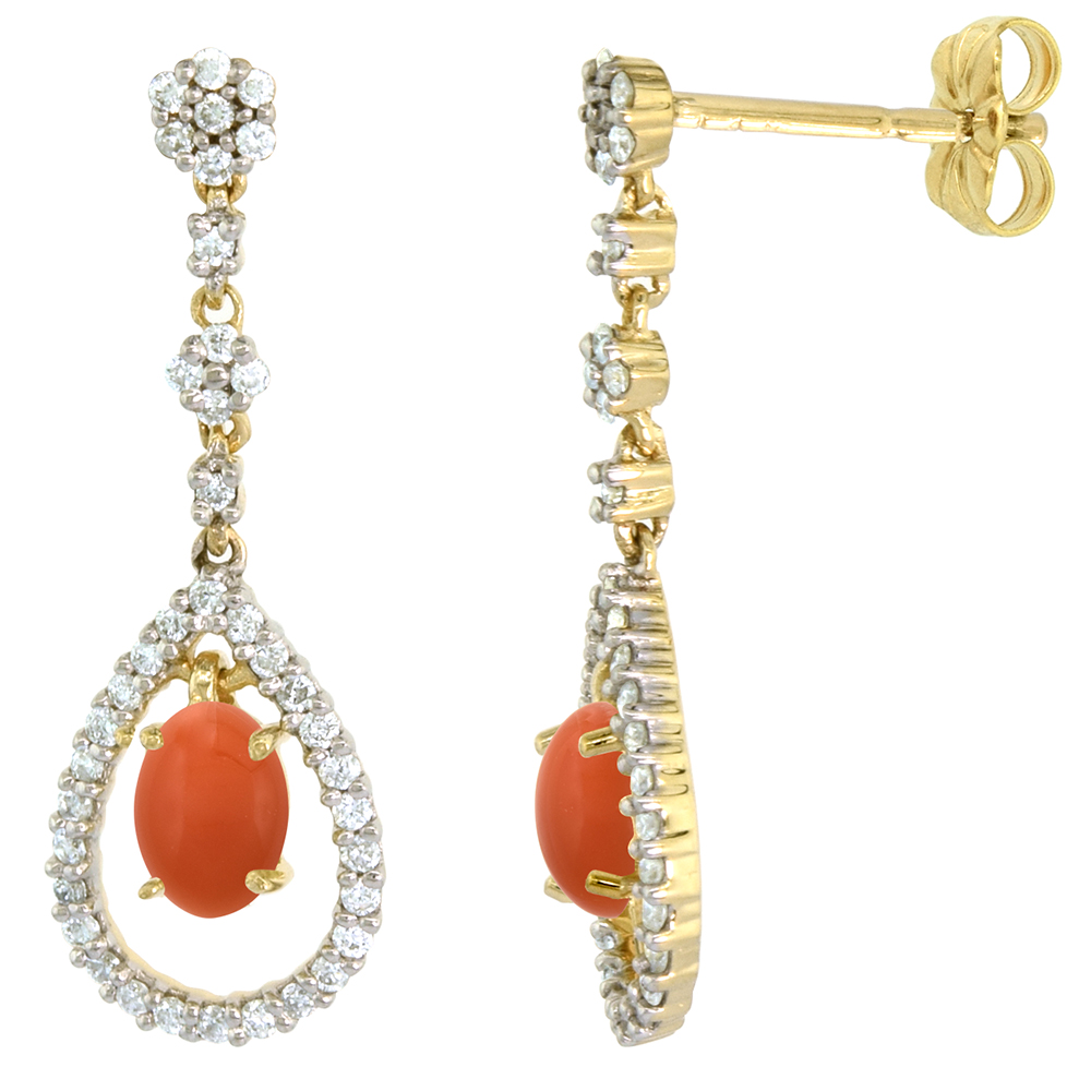 14k Gold Diamond Genuine Orange Moonstone Dangle Earrings Teardrop 6x4 Oval 1 inch long