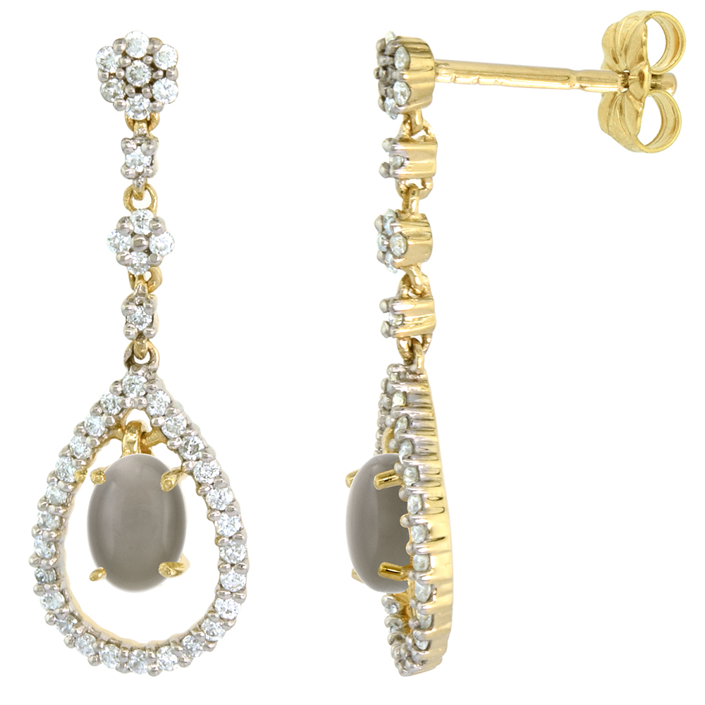 14k Gold Diamond Genuine Gray Moonstone Dangle Earrings Teardrop 6x4 Oval 1 inch long