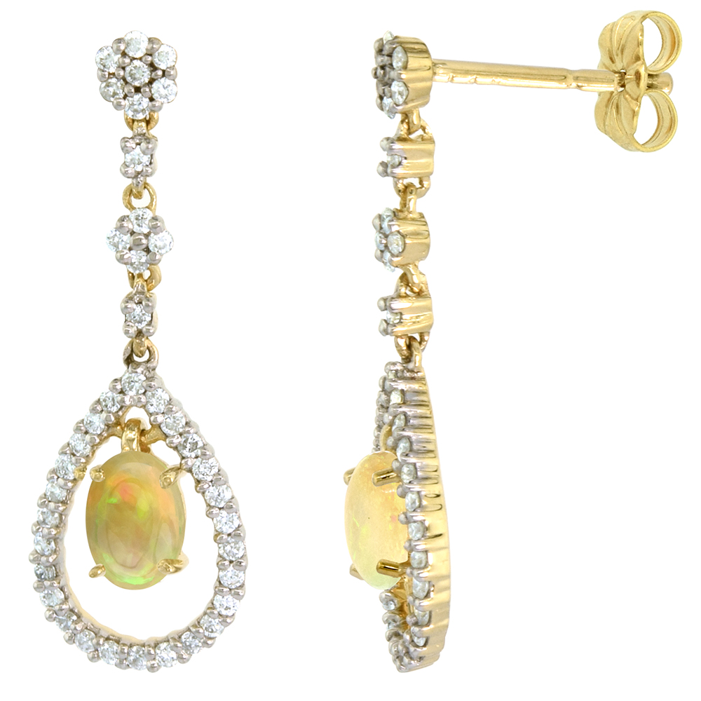 14k Gold Diamond Genuine Ethiopian Opal Dangle Earrings Teardrop 6x4 Oval 1 inch long