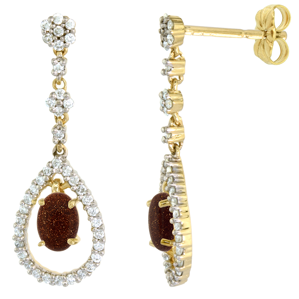 14k Gold Diamond Genuine Aventurine Dangle Earrings Teardrop 6x4 Oval 1 inch long