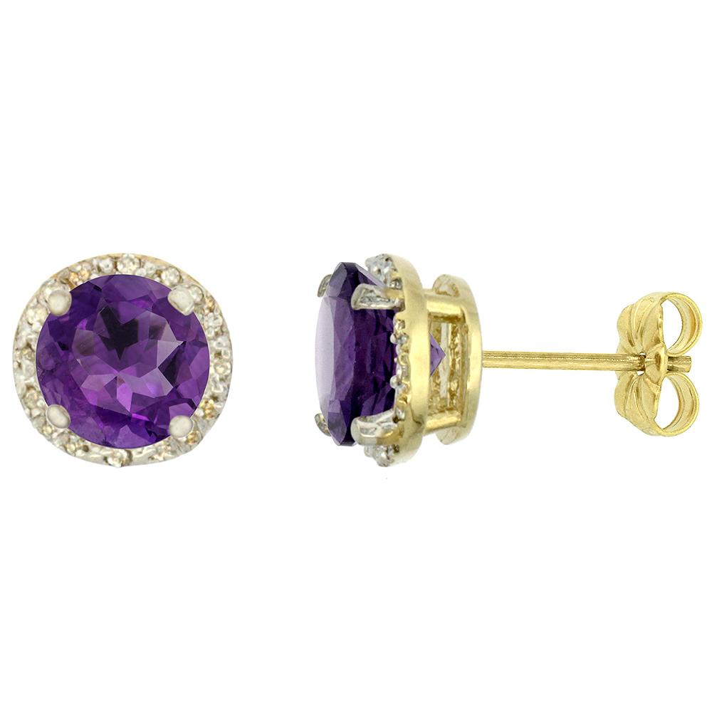 10K YELLOW GOLD 0.06 CTTW DIAMOND NATURAL AMETHYST EARRINGS ROUND 7X7 MM