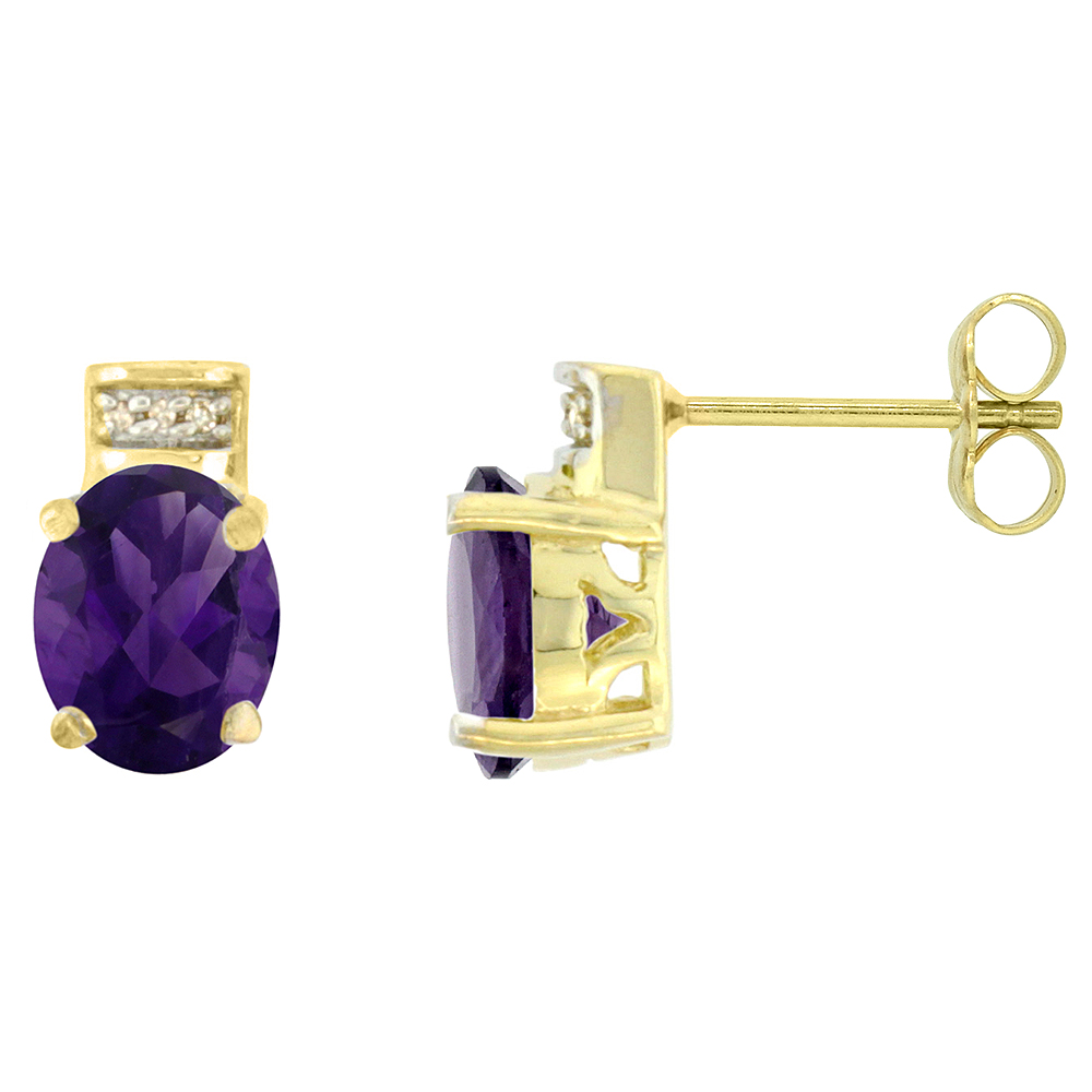 10K YELLOW GOLD DIAMOND NATURAL AMETHYST EARRINGS OVAL 8X6 MM