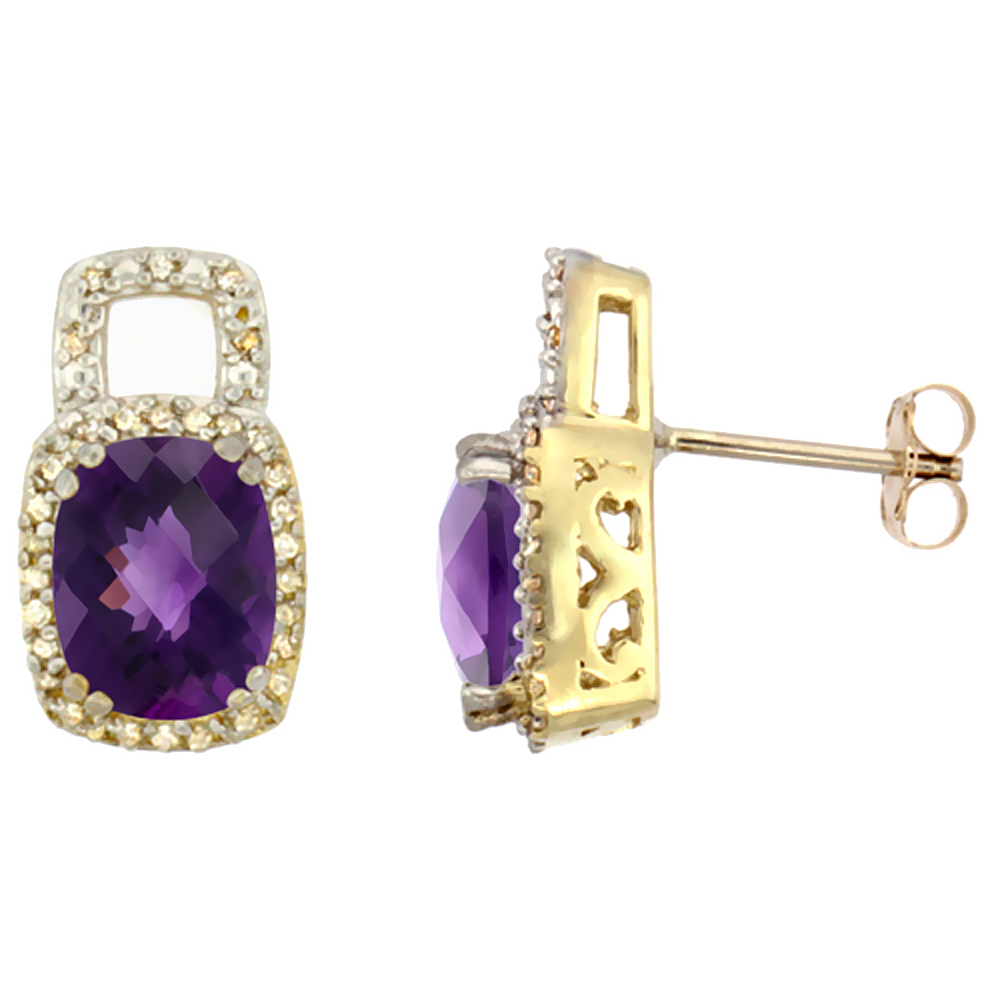 10K YELLOW GOLD DIAMOND NATURAL AMETHYST EARRINGS OCTAGON CUSHION 8X6 MM