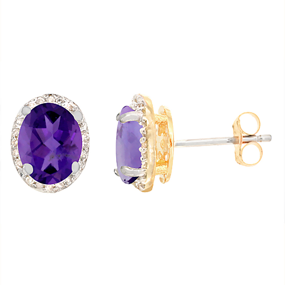 10K YELLOW GOLD DIAMOND NATURAL AMETHYST EARRINGS OVAL 7X5 MM