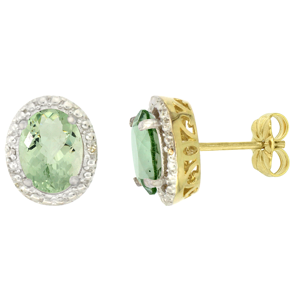 10K YELLOW GOLD 0.01 CTTW DIAMOND NATURAL GREEN AMETHYST POST EARRINGS OVAL 7X5 MM