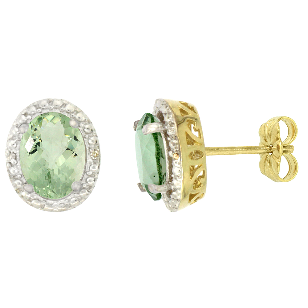 10K Yellow Gold 0.01 cttw Diamond Natural Green Amethyst Post Earrings Oval 7x5 mm