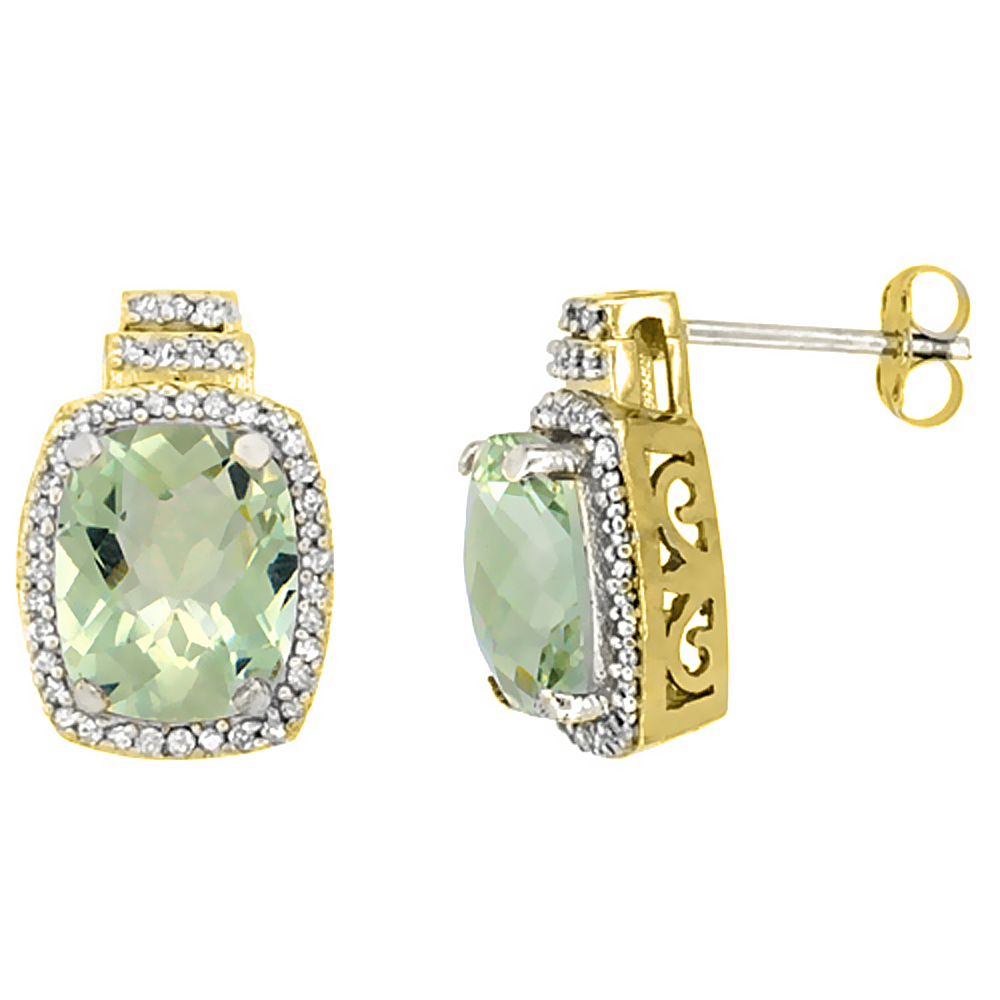 10K YELLOW GOLD 0.29 CTTW DIAMOND NATURAL GREEN AMETHYST EARRINGS OCTAGON CUSHION 8X6 MM