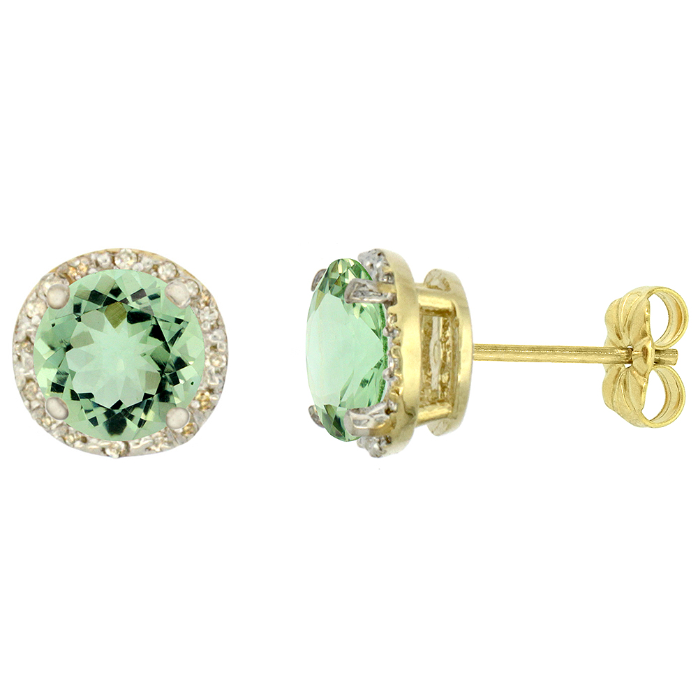 10K YELLOW GOLD 0.06 CTTW DIAMOND NATURAL GREEN AMETHYST EARRINGS ROUND 7X7 MM