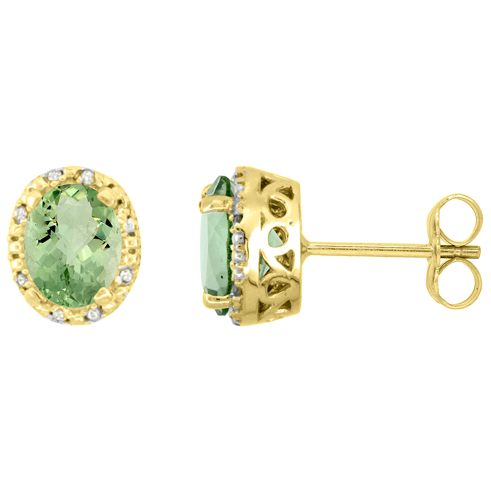 10K YELLOW GOLD DIAMOND HALO NATURAL GREEN AMETHYST STUD EARRINGS OVAL 7X5 MM
