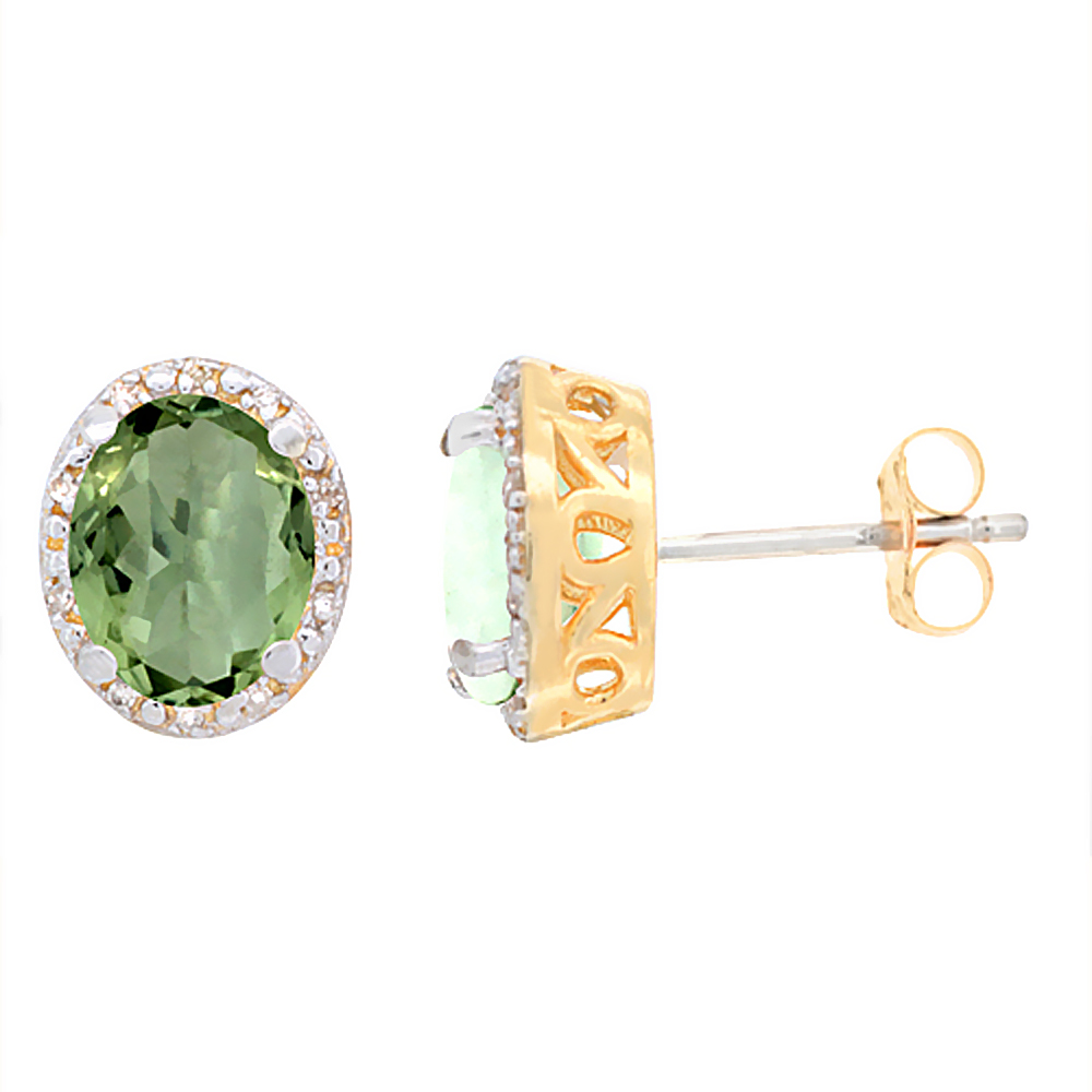 10K Yellow Gold Genuine Green Amethyst Stud Earrings Diamond Halo Oval 8x6 mm