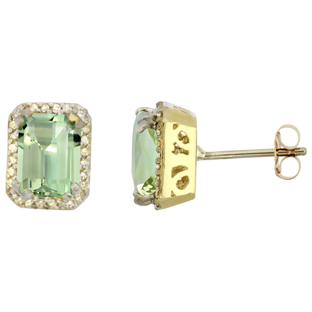 10K YELLOW GOLD DIAMOND NATURAL GREEN AMETHYST EARRINGS OCTAGON 7X5 MM