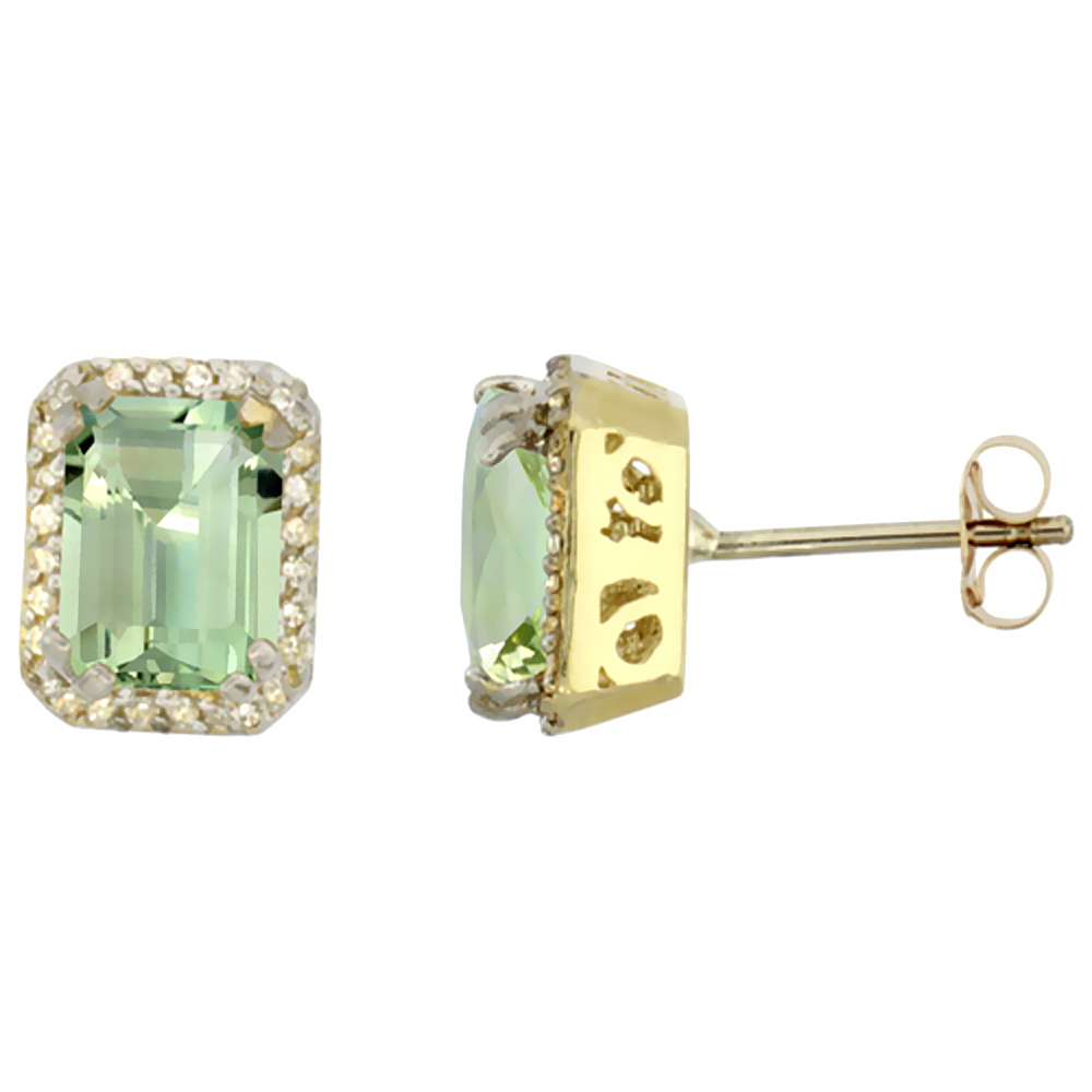 10K Yellow Gold Diamond Natural Green Amethyst Earrings Octagon 7x5 mm