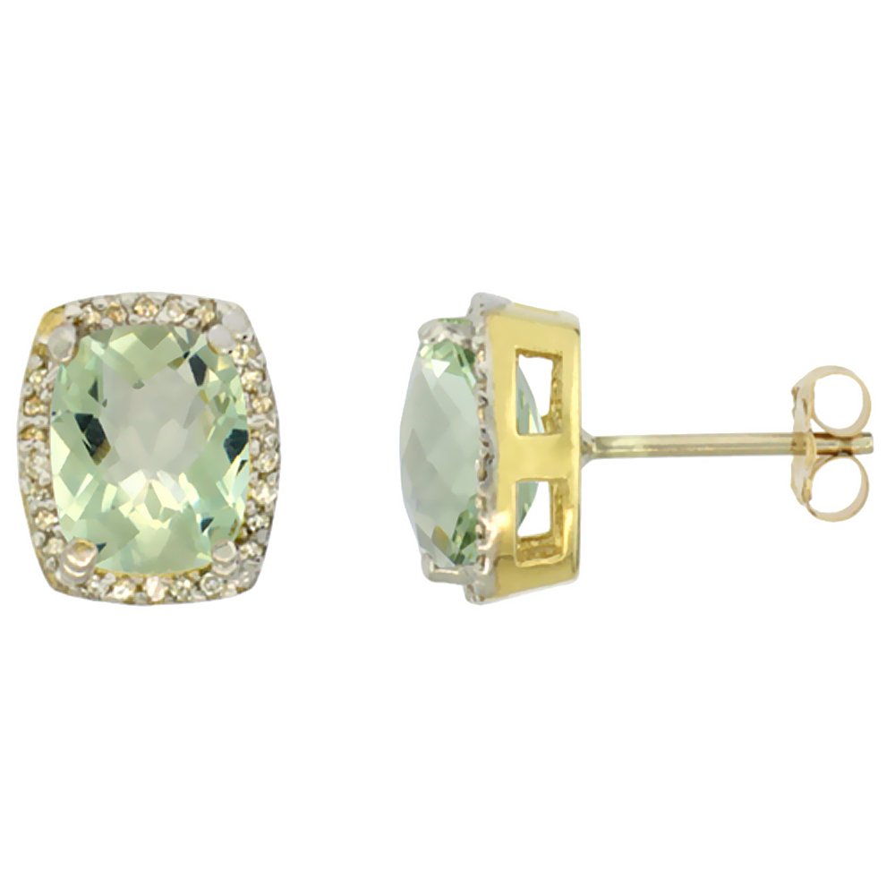 10K Yellow Gold Diamond Natural Green Amethyst Earrings Octagon Cushion 8x6 mm