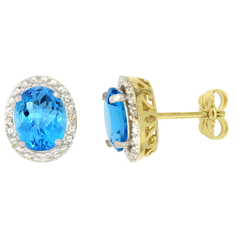 10K Yellow Gold 0.01 cttw Diamond Natural Swiss Blue Topaz Post Earrings Oval 7x5 mm