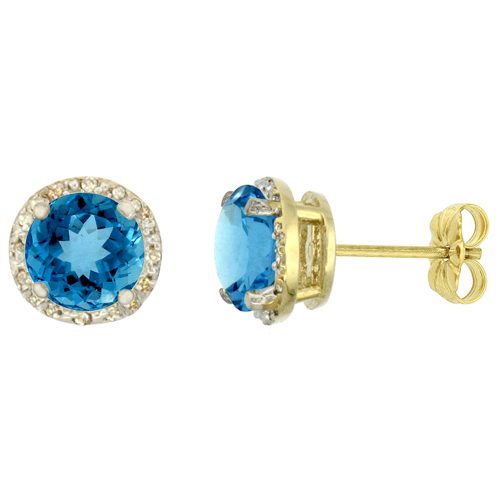 10K YELLOW GOLD 0.06 CTTW DIAMOND NATURAL SWISS BLUE TOPAZ EARRINGS ROUND 7X7 MM