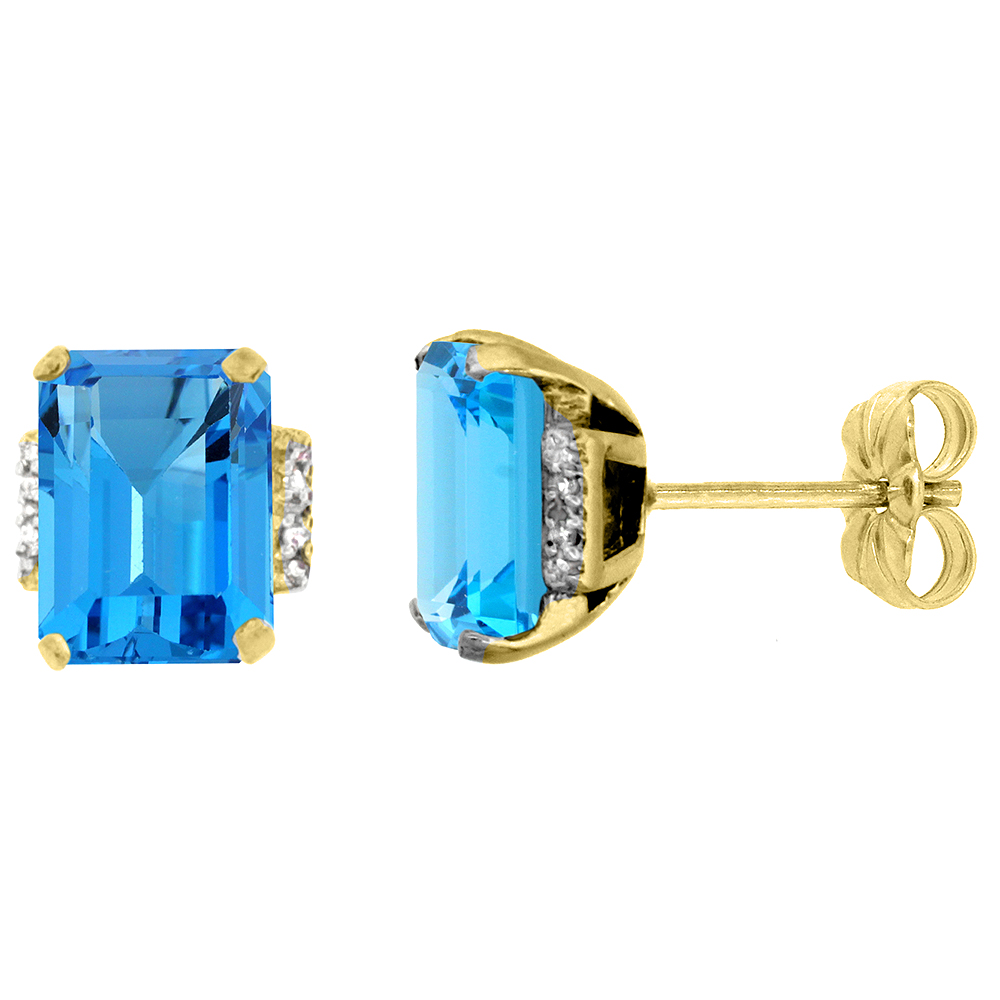 10K YELLOW GOLD 0.02 CTTW DIAMOND NATURAL SWISS BLUE TOPAZ EARRINGS OCTAGON 8X6 MM