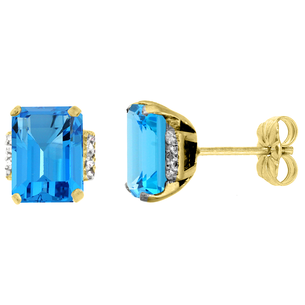 10K Yellow Gold 0.02 cttw Diamond Natural Swiss Blue Topaz Earrings Octagon 8x6 mm