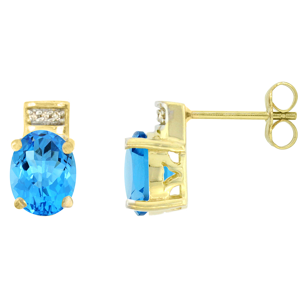 10K Yellow Gold Diamond Natural Swiss Blue Topaz Earrings Oval 8x6 mm