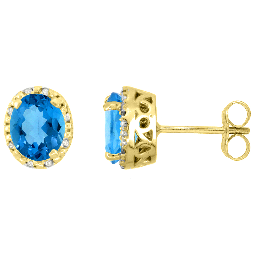 10K Yellow Gold Diamond Halo Natural Swiss Blue Topaz Stud Earrings Oval 7x5 mm