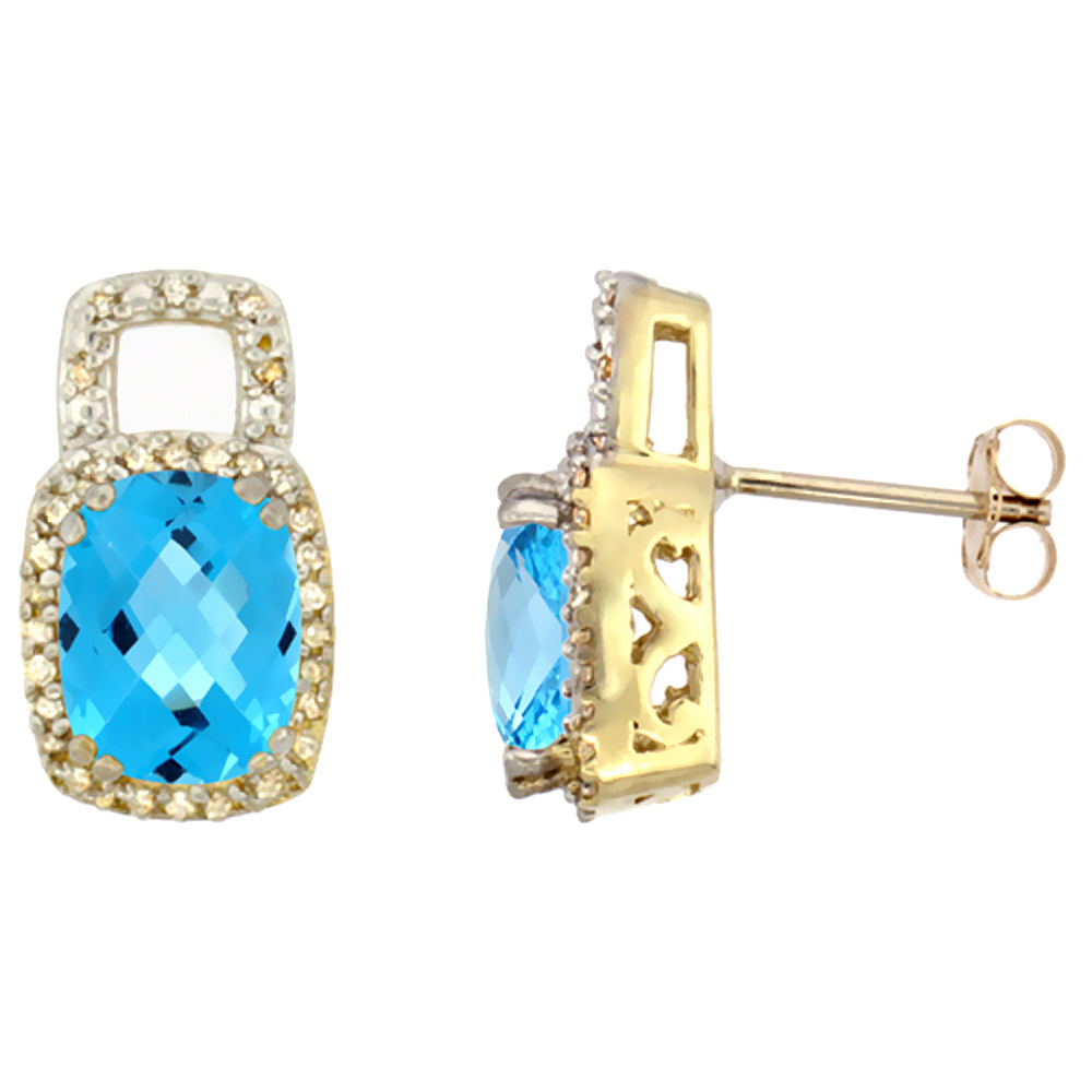 10K Yellow Gold Diamond Natural Swiss Blue Topaz Earrings Octagon Cushion 8x6 mm