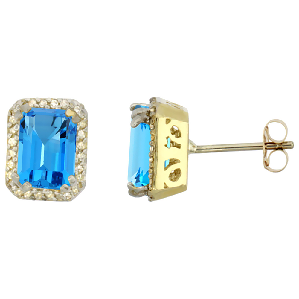 10K Yellow Gold Diamond Natural Swiss Blue Topaz Earrings Octagon 7x5 mm