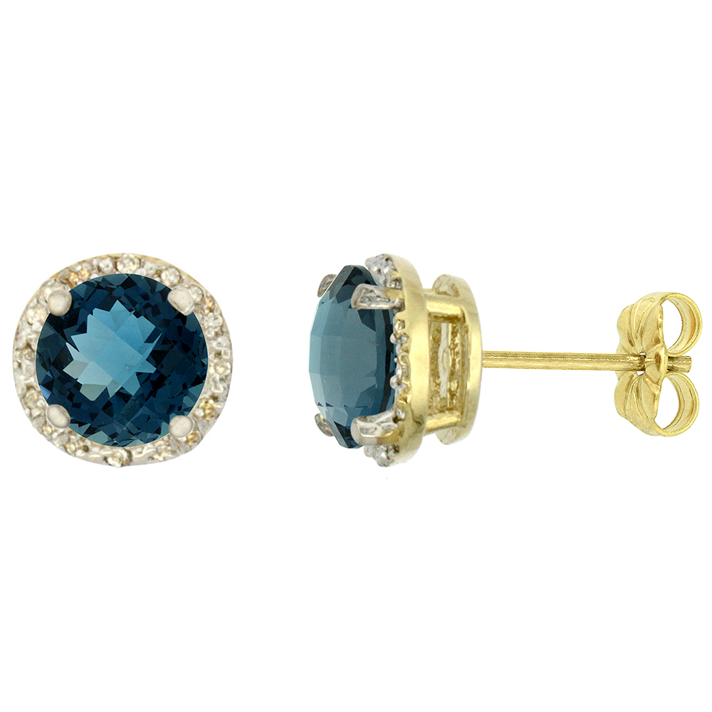 10K YELLOW GOLD 0.06 CTTW DIAMOND NATURAL LONDON BLUE TOPAZ EARRINGS ROUND 7X7 MM