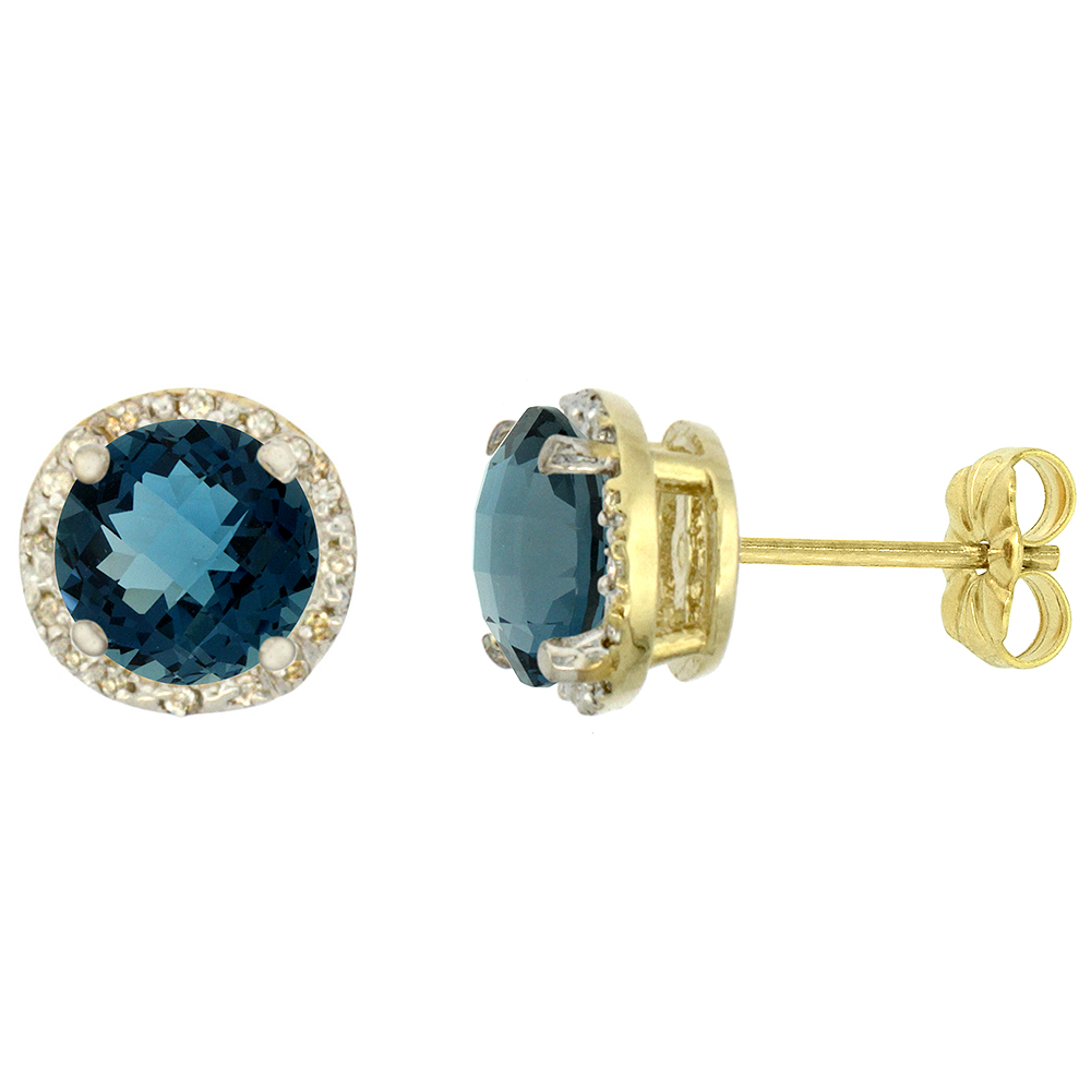 10K Yellow Gold 0.06 cttw Diamond Natural London Blue Topaz Earrings Round 7x7 mm