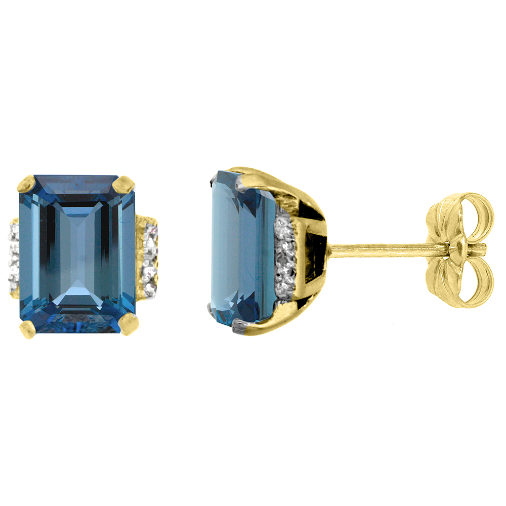 10K Yellow Gold 0.02 cttw Diamond Natural London Blue Topaz Earrings Octagon 8x6 mm