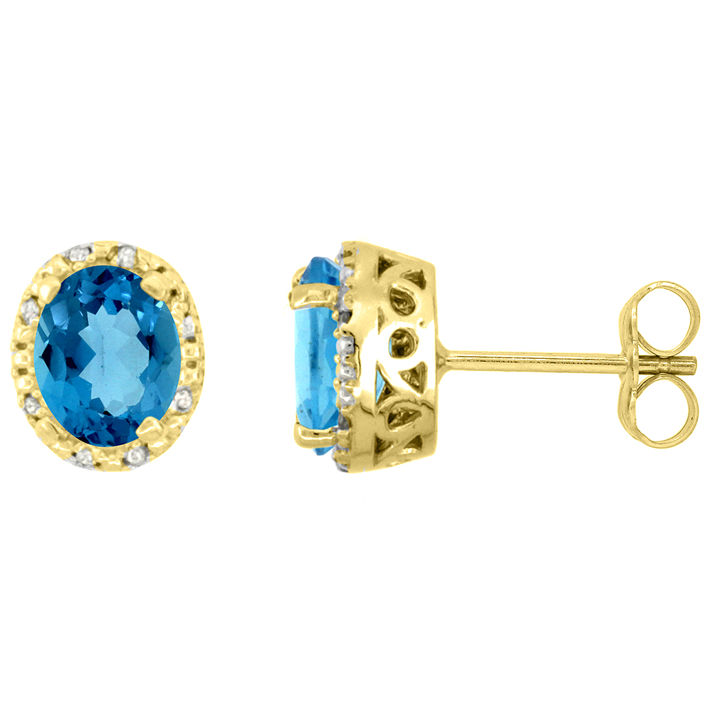10K Yellow Gold Diamond Halo Natural London Blue Topaz Stud Earrings Oval 7x5 mm