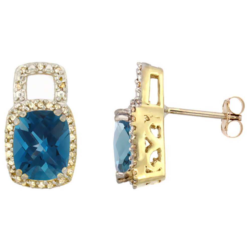 10K Yellow Gold Diamond Natural London Blue Topaz Earrings Octagon Cushion 8x6 mm