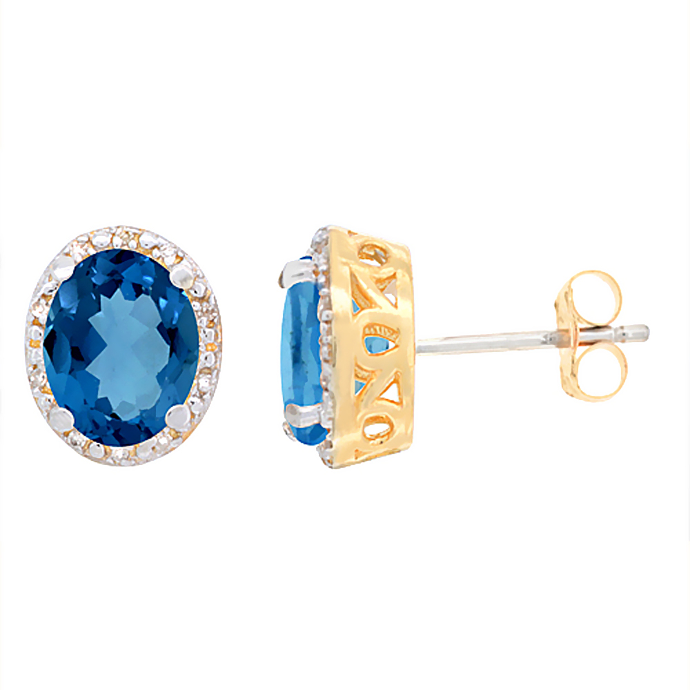 10K Yellow Gold Genuine London Blue Topaz Stud Earrings Diamond Halo Oval 8x6 mm