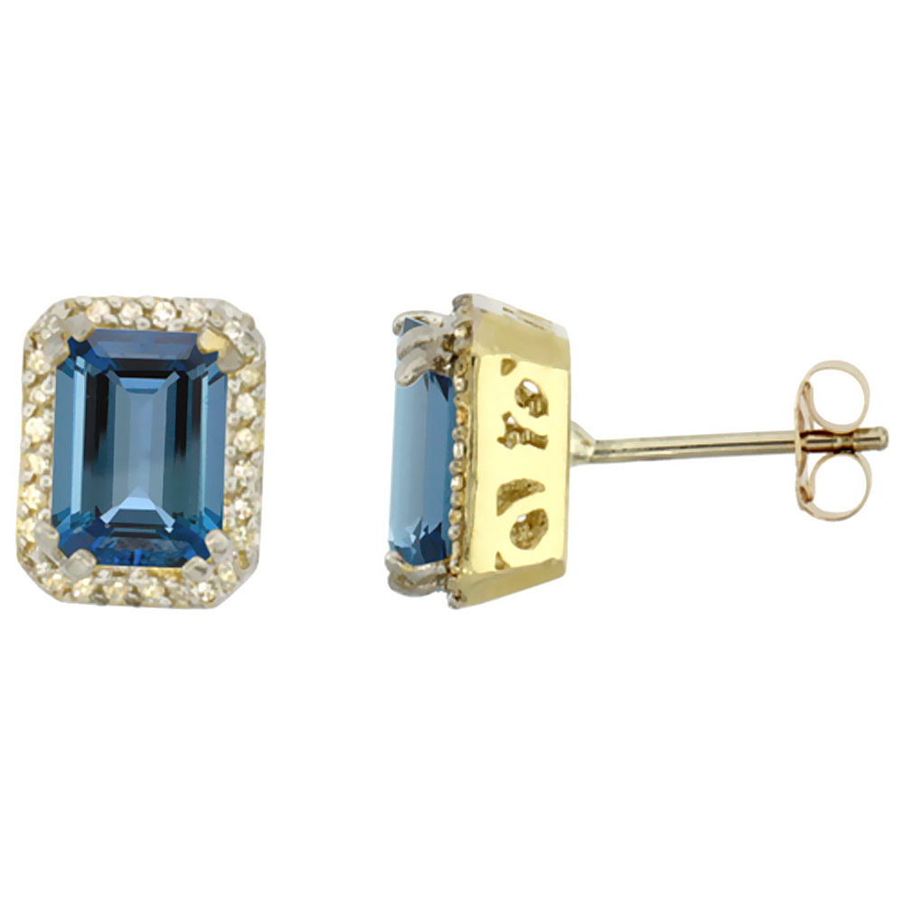 10K YELLOW GOLD DIAMOND NATURAL LONDON BLUE TOPAZ EARRINGS OCTAGON 7X5 MM