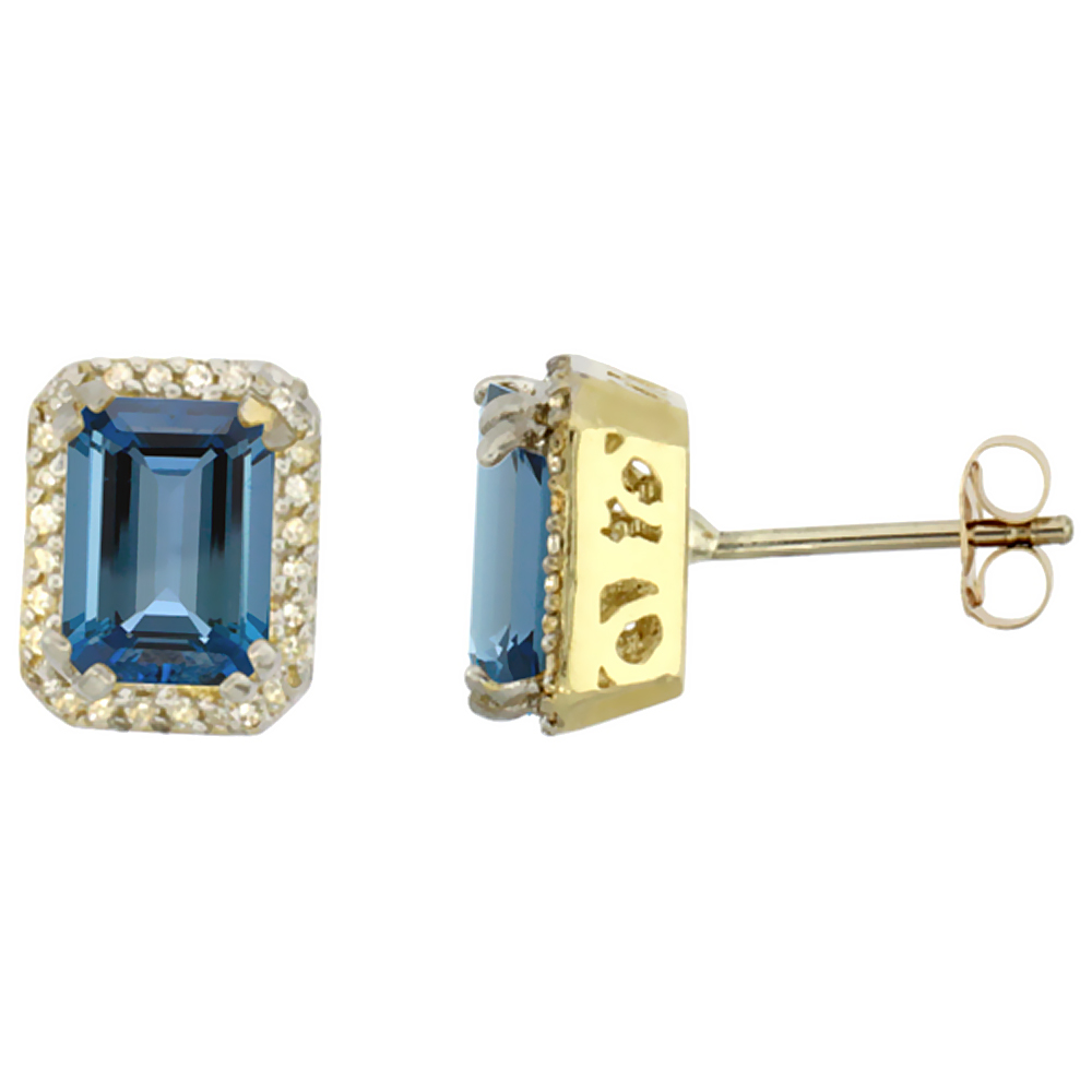 10K Yellow Gold Diamond Natural London Blue Topaz Earrings Octagon 7x5 mm