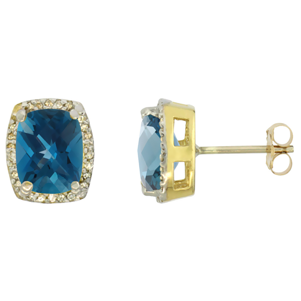 10K YELLOW GOLD DIAMOND NATURAL LONDON BLUE TOPAZ EARRINGS OCTAGON CUSHION 8X6 MM