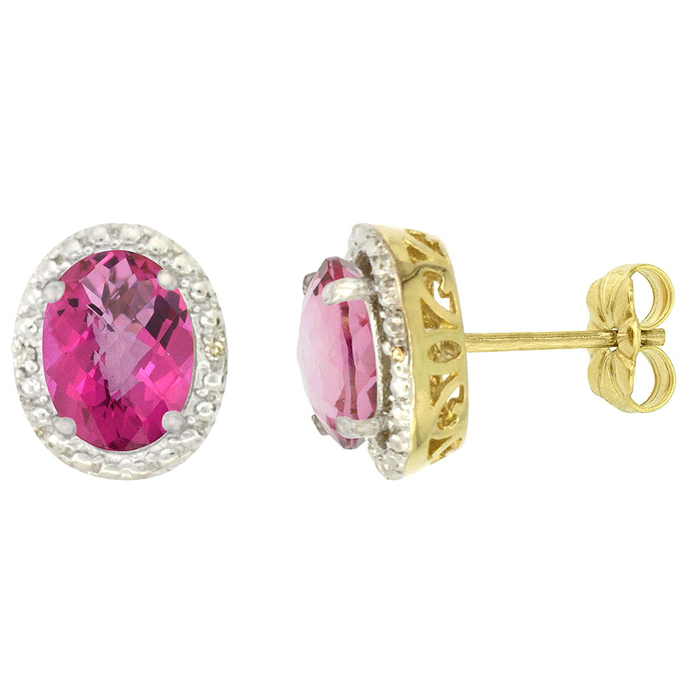 10K Yellow Gold 0.01 cttw Diamond Natural Pink Topaz Post Earrings Oval 7x5 mm