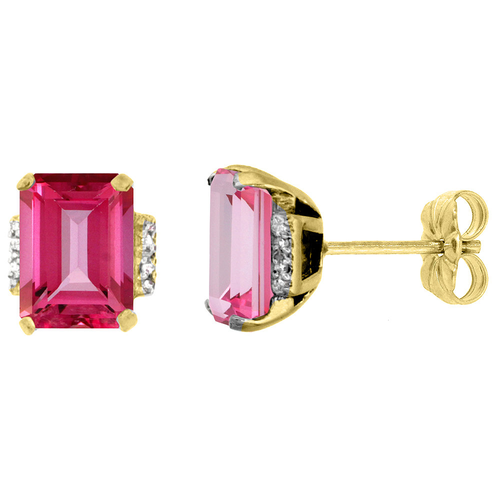 10K YELLOW GOLD 0.02 CTTW DIAMOND NATURAL PINK TOPAZ EARRINGS OCTAGON 8X6 MM
