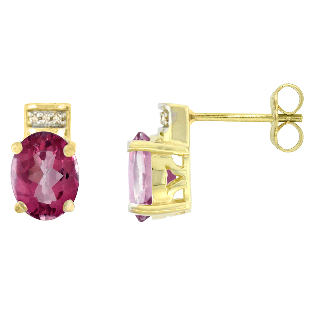 10K Yellow Gold Diamond Natural Pink Topaz Earrings Oval 8x6 mm