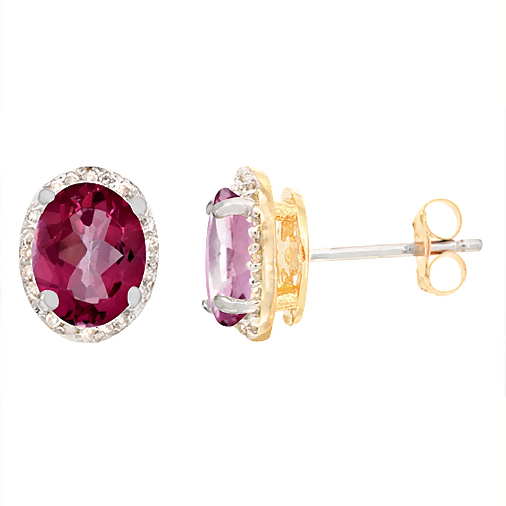 10K YELLOW GOLD DIAMOND NATURAL PINK TOPAZ EARRINGS OVAL 7X5 MM
