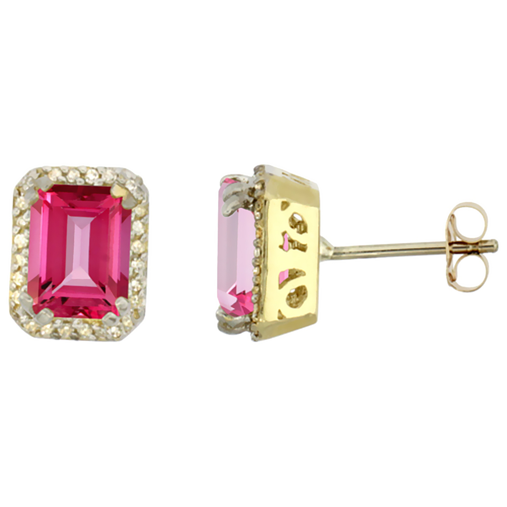 10K Yellow Gold Diamond Natural Pink Topaz Earrings Octagon 7x5 mm