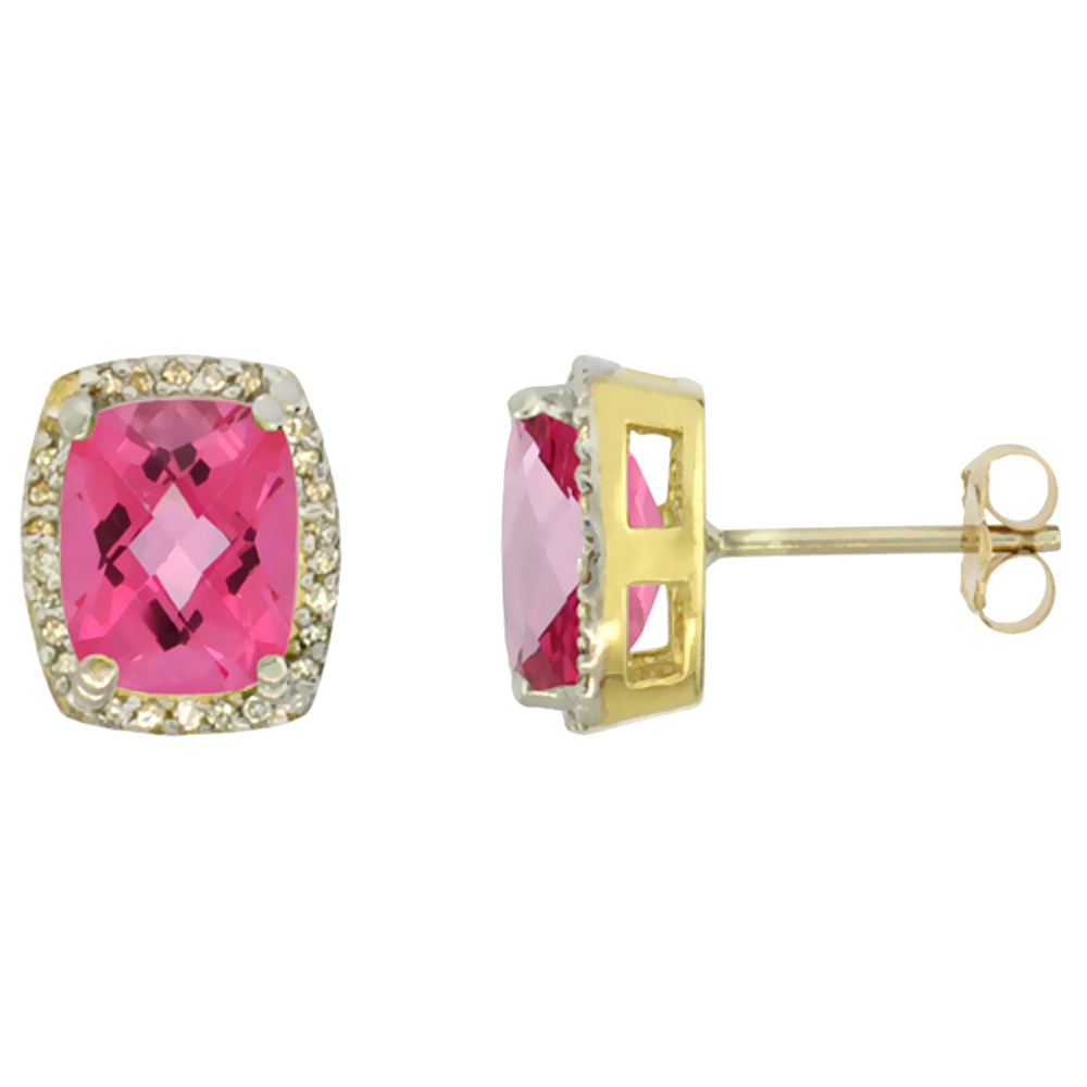 10K Yellow Gold Diamond Natural Pink Topaz Earrings Octagon Cushion 8x6 mm