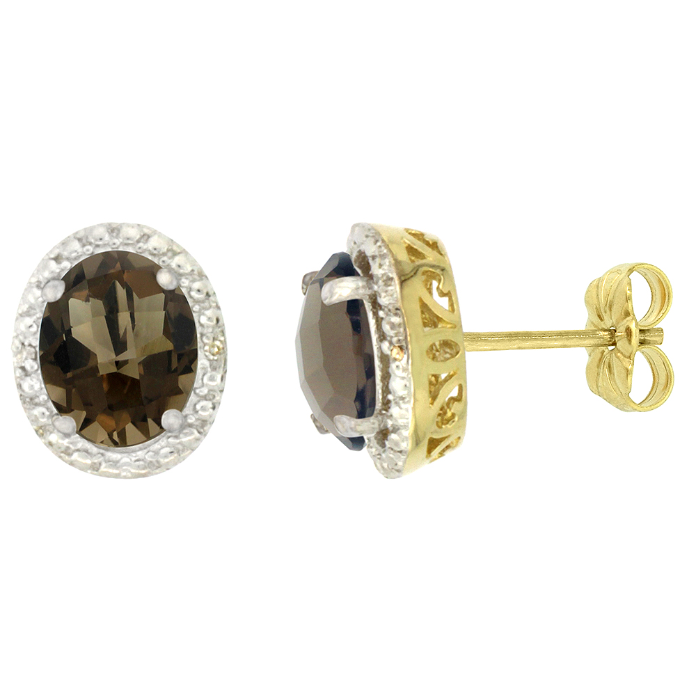 10K Yellow Gold 0.01 cttw Diamond Natural Smoky Topaz Post Earrings Oval 7x5 mm