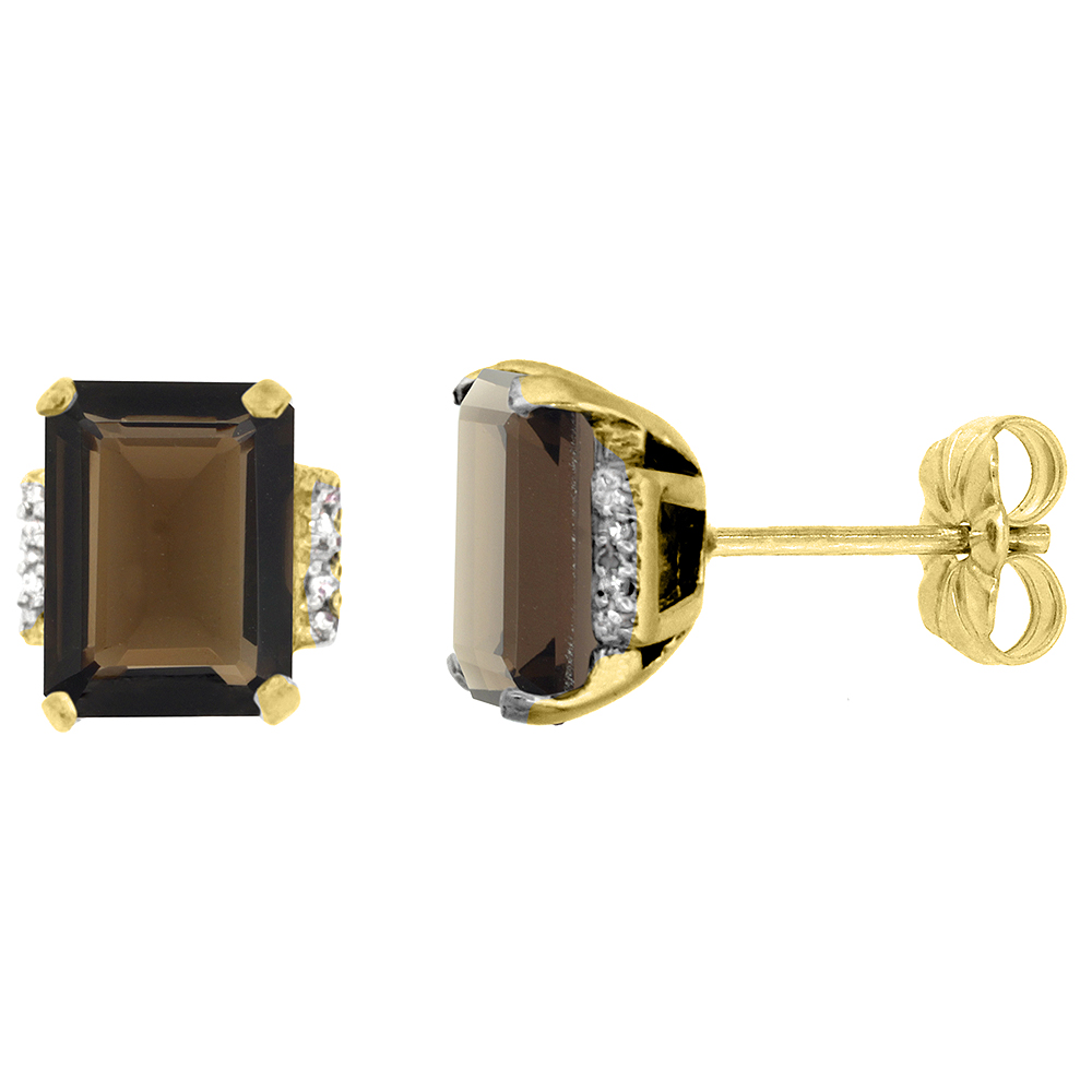 10K Yellow Gold 0.02 cttw Diamond Natural Smoky Topaz Earrings Octagon 8x6 mm