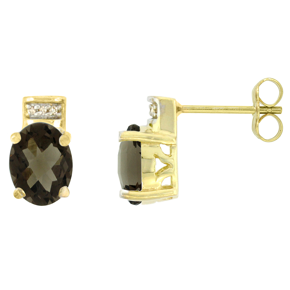 10K Yellow Gold Diamond Natural Smoky Topaz Earrings Oval 8x6 mm