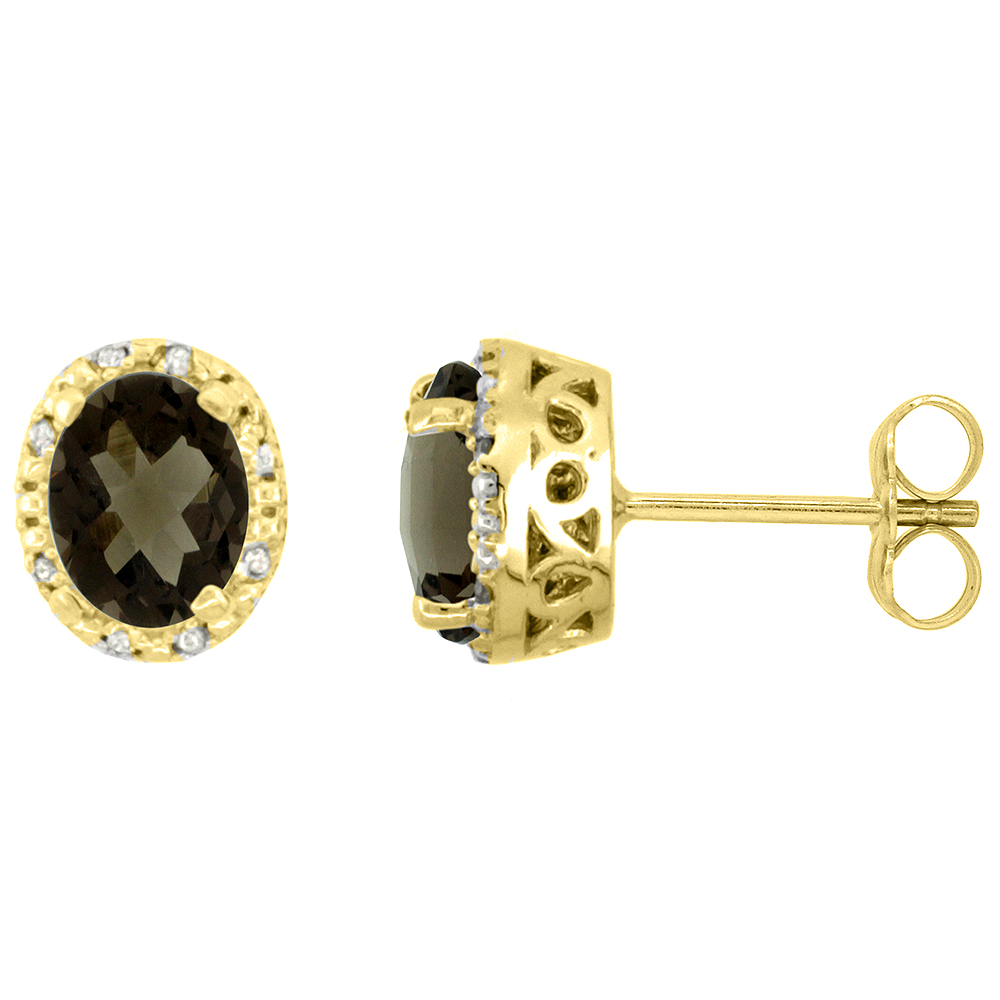 10K Yellow Gold Diamond Halo Natural Smoky Topaz Stud Earrings Oval 7x5 mm