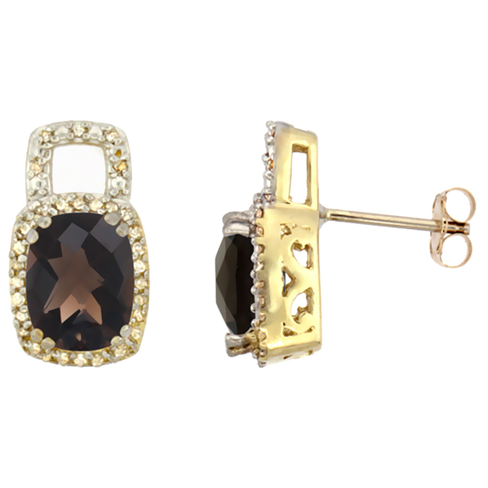 10K YELLOW GOLD DIAMOND NATURAL SMOKY TOPAZ EARRINGS OCTAGON CUSHION 8X6 MM