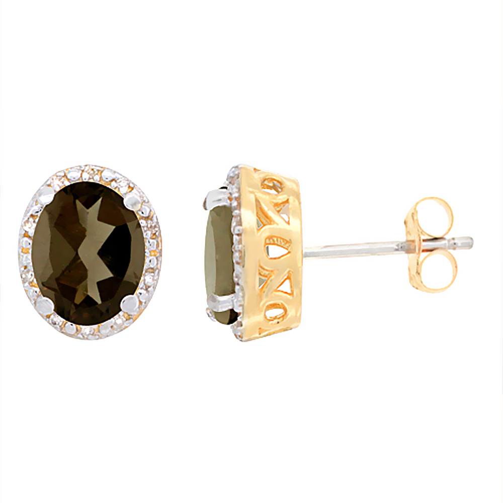 10K Yellow Gold Genuine Smoky Topaz Stud Earrings Diamond Halo Oval 8x6 mm
