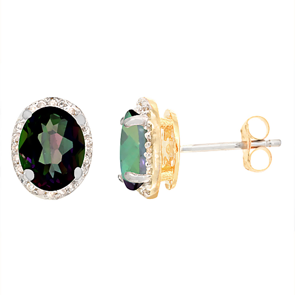 10K YELLOW GOLD DIAMOND NATURAL MYSTIC TOPAZ EARRINGS OVAL 7X5 MM