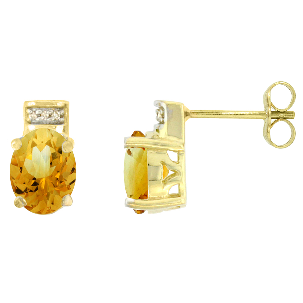 10K YELLOW GOLD DIAMOND NATURAL CITRINE EARRINGS OVAL 8X6 MM