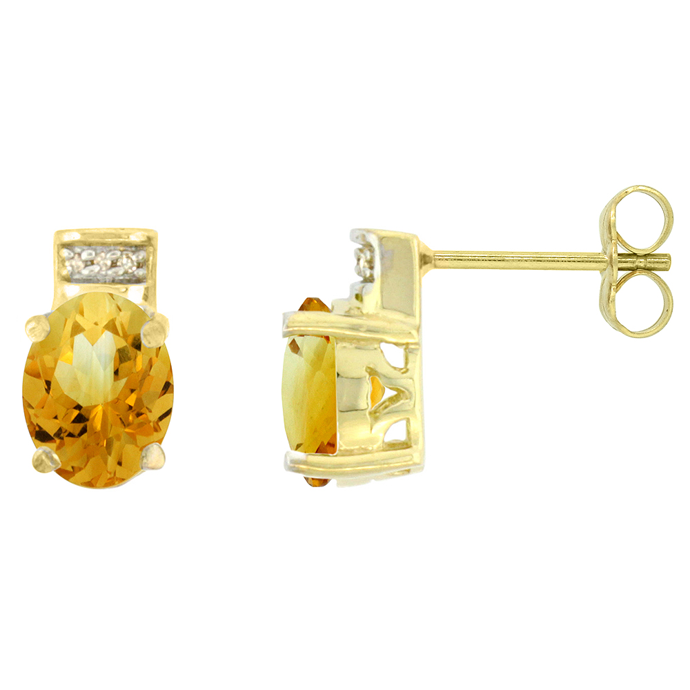 10K Yellow Gold Diamond Natural Citrine Earrings Oval 8x6 mm