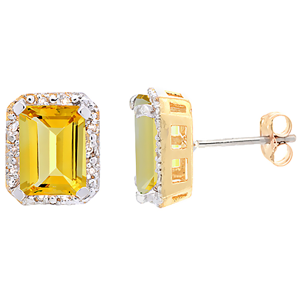 10K Yellow Gold Diamond Natural Citrine Earrings Octagon 8x6 mm